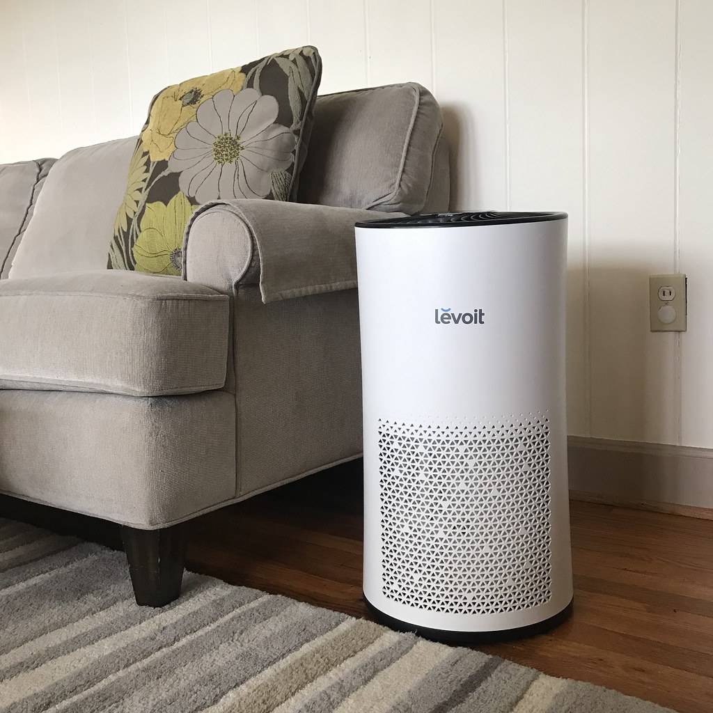 Levoit Air Purifier next to sofa